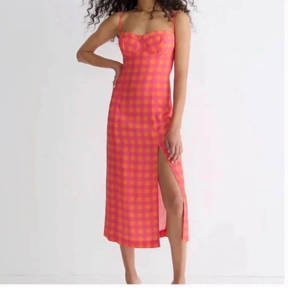 J. CREW Collection Invite Dress in Gingham Size 8 Vibrant Orange and Pink Midi